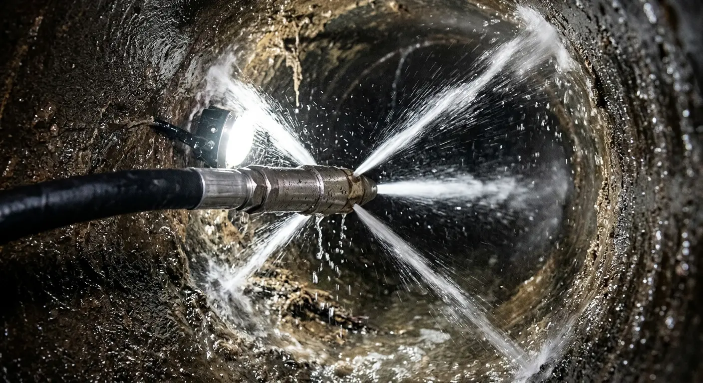 High-pressure hydro jetting nozzle cleaning sewer pipe for Emergency Drain Service in Parker