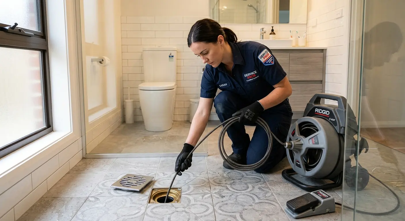 Technician clearing a bathroom floor drain for Drain Repair in Parker